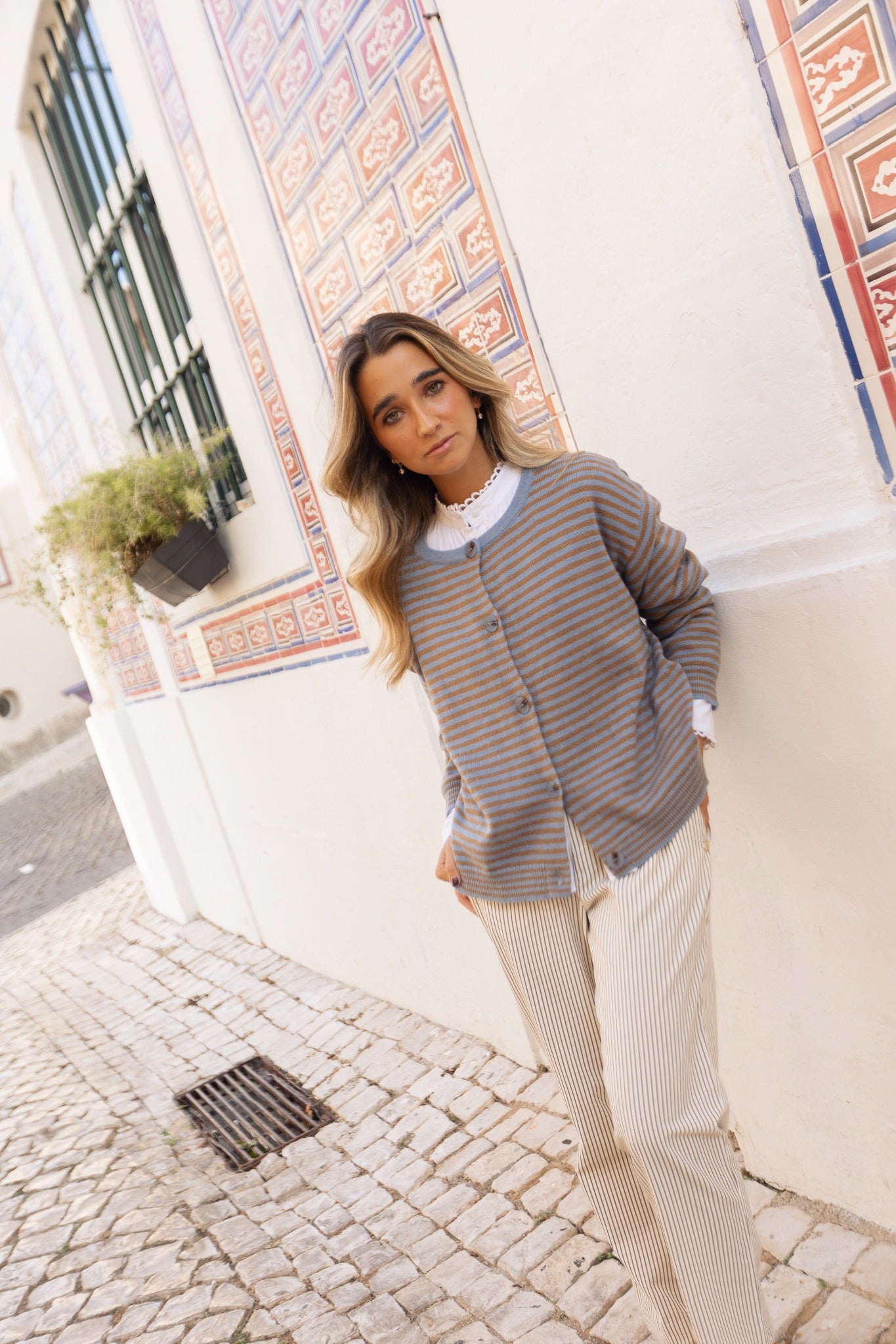 Cardigan Riscas Azul